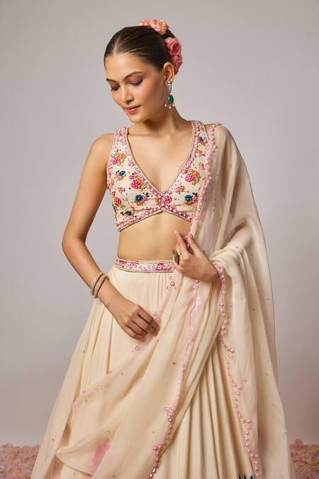 Krishna Padia_Ivory Organza Embroidery, Beads, Sequins V-neck Floral Hand Lehenga Set _Online_at_Aza_Fashions