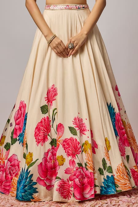 Buy_Krishna Padia_Ivory Organza Embroidery, Beads, Sequins V-neck Floral Hand Lehenga Set _Online_at_Aza_Fashions