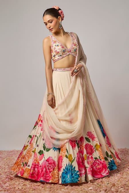 Shop_Krishna Padia_Ivory Organza Embroidery, Beads, Sequins V-neck Floral Hand Lehenga Set _Online_at_Aza_Fashions