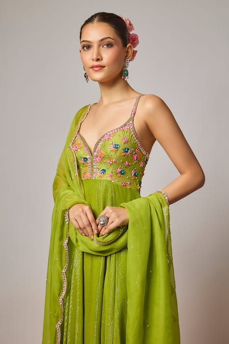Krishna Padia_Green Lurex, Georgette, Organza, Lycra Embroidery Floral Hand Anarkali Set _Online_at_Aza_Fashions