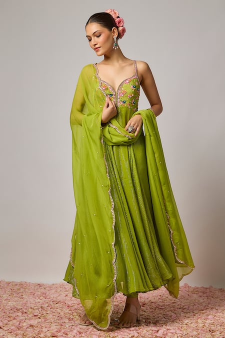 Buy_Krishna Padia_Green Lurex, Georgette, Organza, Lycra Embroidery Floral Hand Anarkali Set _Online_at_Aza_Fashions