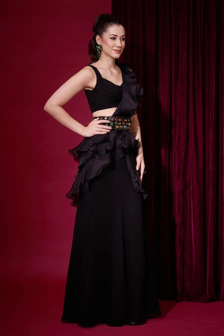 Buy_Aayushi Maniar_Black Georgette, Organza Ruffles, Raatrini Pre-draped Frill Saree With Blouse _Online_at_Aza_Fashions