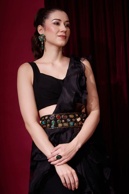 Aayushi Maniar_Black Georgette, Organza Ruffles, Raatrini Pre-draped Frill Saree With Blouse _at_Aza_Fashions
