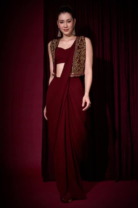 Aayushi Maniar_Maroon Georgette, Velvet Rudrani Pre-draped Saree Set With Crop Jacket _Online_at_Aza_Fashions