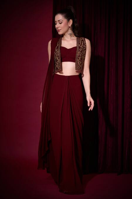 Buy_Aayushi Maniar_Maroon Georgette, Velvet Rudrani Pre-draped Saree Set With Crop Jacket _Online_at_Aza_Fashions