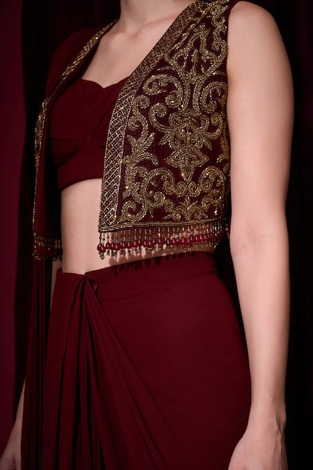 Aayushi Maniar_Maroon Georgette, Velvet Rudrani Pre-draped Saree Set With Crop Jacket _at_Aza_Fashions