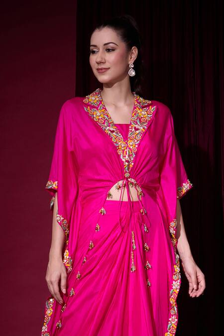 Aayushi Maniar_Pink Silk Embroidery, Tassels Sumukhi Rani Asymmetric Cape And Draped Skirt Set _Online_at_Aza_Fashions