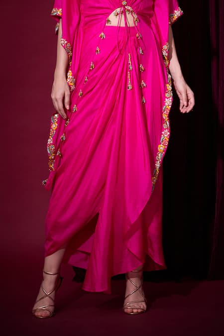 Buy_Aayushi Maniar_Pink Silk Embroidery, Tassels Sumukhi Rani Asymmetric Cape And Draped Skirt Set _Online_at_Aza_Fashions
