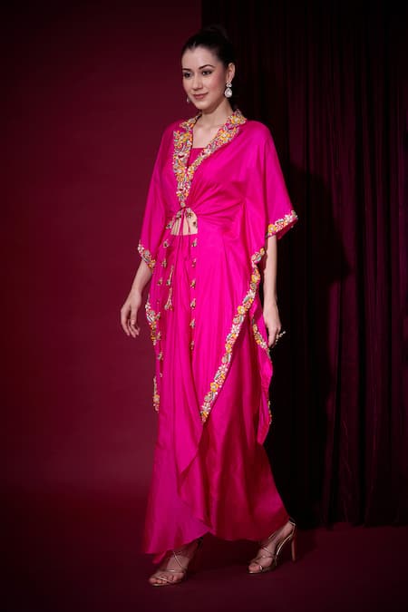 Shop_Aayushi Maniar_Pink Silk Embroidery, Tassels Sumukhi Rani Asymmetric Cape And Draped Skirt Set _Online_at_Aza_Fashions