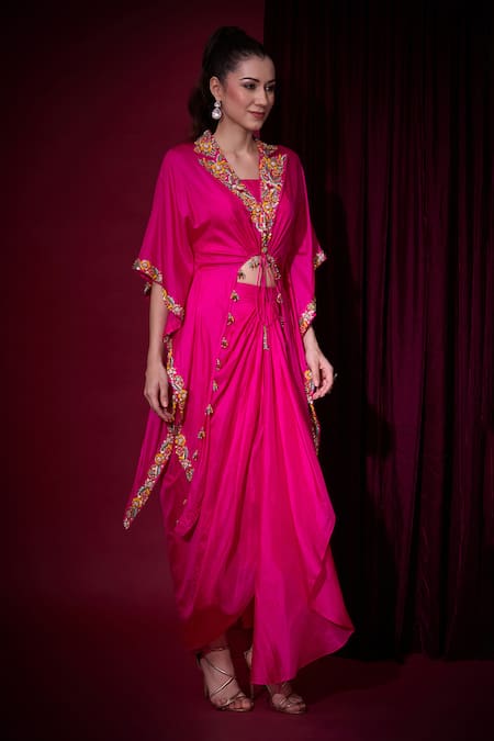 Aayushi Maniar_Pink Silk Embroidery, Tassels Sumukhi Rani Asymmetric Cape And Draped Skirt Set _at_Aza_Fashions