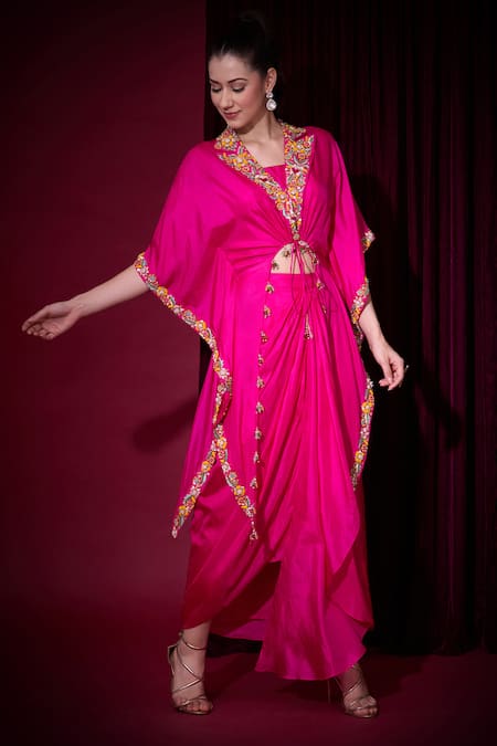 Buy_Aayushi Maniar_Pink Silk Embroidery, Tassels Sumukhi Rani Asymmetric Cape And Draped Skirt Set 