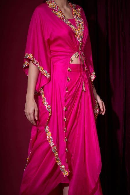 Shop_Aayushi Maniar_Pink Silk Embroidery, Tassels Sumukhi Rani Asymmetric Cape And Draped Skirt Set 