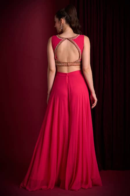 Aayushi Maniar_Pink Georgette Embroidery, Sequins, Zari Chandrikaa Ombre Jacket Skirt Set _Online_at_Aza_Fashions