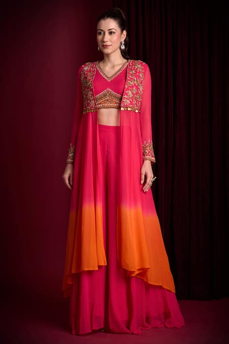 Buy_Aayushi Maniar_Pink Georgette Embroidery, Sequins, Zari Chandrikaa Ombre Jacket Skirt Set _Online_at_Aza_Fashions