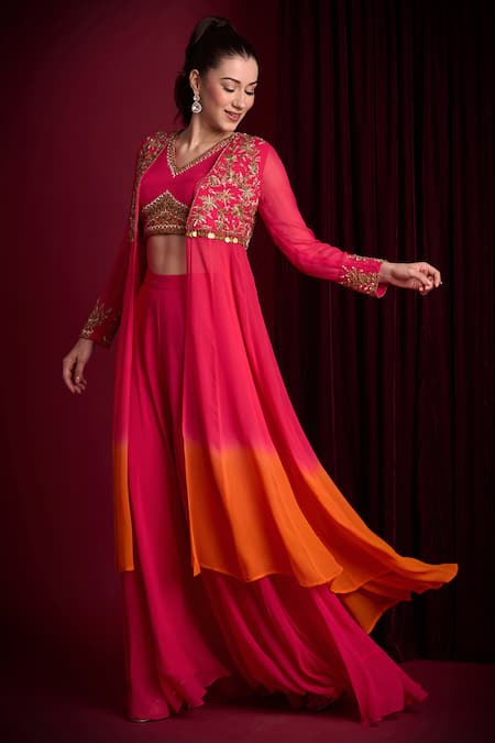 Shop_Aayushi Maniar_Pink Georgette Embroidery, Sequins, Zari Chandrikaa Ombre Jacket Skirt Set _Online_at_Aza_Fashions