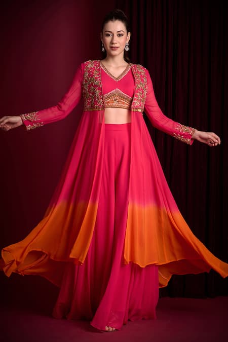 Aayushi Maniar Chandrikaa Ombre Embroidered Jacket Skirt Set 