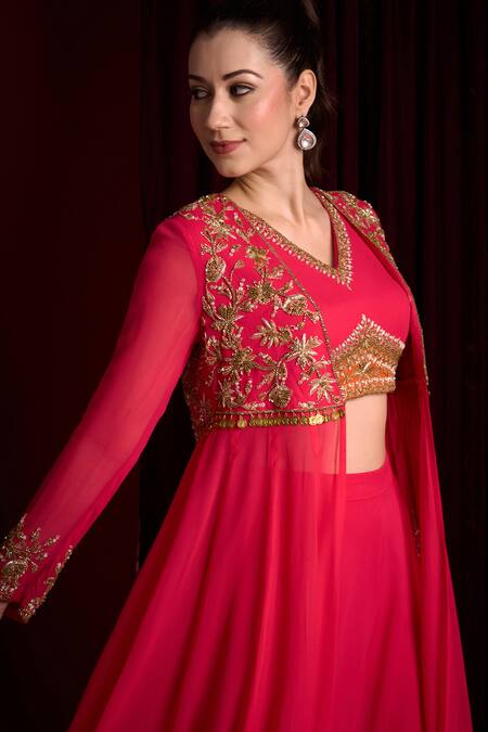 Aayushi Maniar_Pink Georgette Embroidery, Sequins, Zari Chandrikaa Ombre Jacket Skirt Set _at_Aza_Fashions