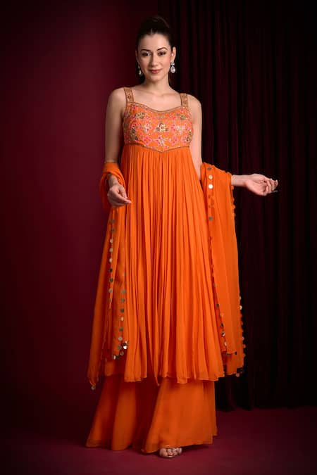 Aayushi Maniar Orange Georgette, Crepe Embroidery, Sequins Tarangini Yoke Pleated Anarkali Set Online at Aza Fashions Aayushi Maniar_Orange Georgette, Crepe Embroidery, Sequins Tarangini Yoke Pleated Anarkali Set _Online_at_Aza_Fashions