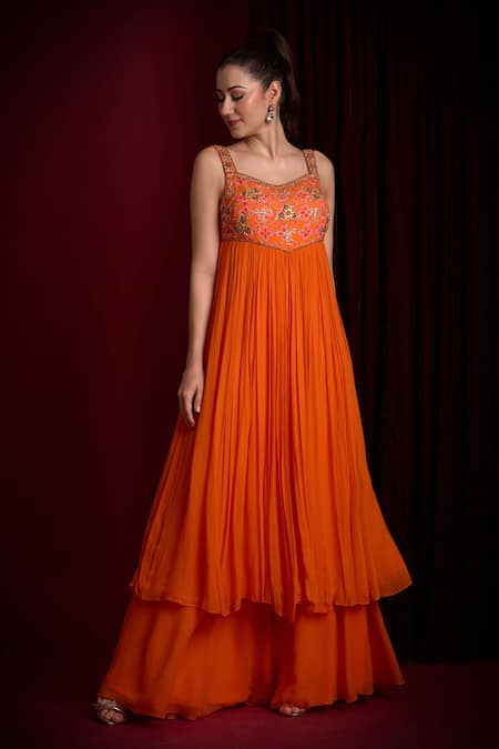 Shop Aayushi Maniar Orange Georgette, Crepe Embroidery, Sequins Tarangini Yoke Pleated Anarkali Set Online at Aza Fashions Shop_Aayushi Maniar_Orange Georgette, Crepe Embroidery, Sequins Tarangini Yoke Pleated Anarkali Set _Online_at_Aza_Fashions