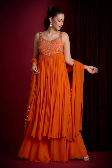 Aayushi Maniar Orange Georgette, Crepe Embroidery, Sequins Tarangini Yoke Pleated Anarkali Set at Aza Fashions Aayushi Maniar_Orange Georgette, Crepe Embroidery, Sequins Tarangini Yoke Pleated Anarkali Set _at_Aza_Fashions
