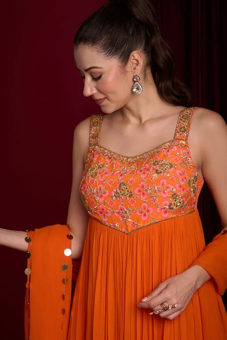 Buy Aayushi Maniar Orange Georgette, Crepe Embroidery, Sequins Tarangini Yoke Pleated Anarkali Set Buy_Aayushi Maniar_Orange Georgette, Crepe Embroidery, Sequins Tarangini Yoke Pleated Anarkali Set