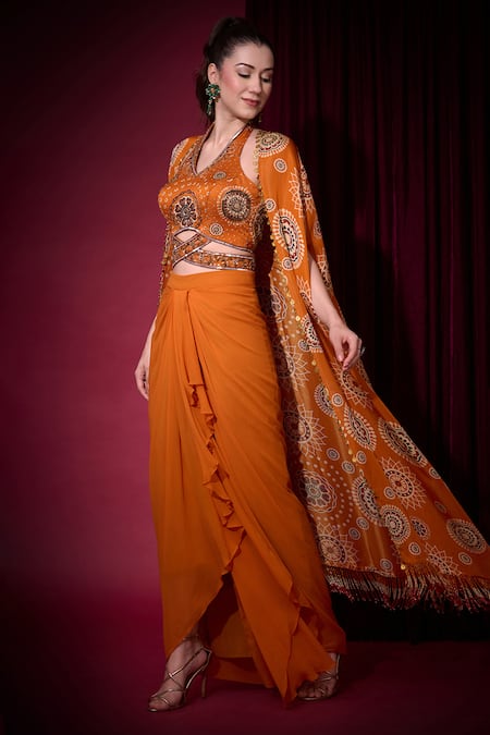 Aayushi Maniar_Orange Tissue, Georgette Sequins, Golakaari Printed Cape And Draped Skirt Set _Online_at_Aza_Fashions