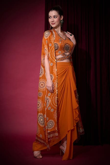 Buy_Aayushi Maniar_Orange Tissue, Georgette Sequins, Golakaari Printed Cape And Draped Skirt Set _Online_at_Aza_Fashions