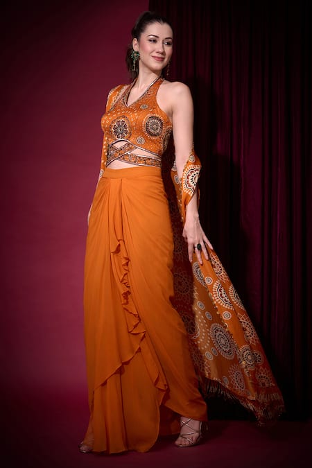 Shop_Aayushi Maniar_Orange Tissue, Georgette Sequins, Golakaari Printed Cape And Draped Skirt Set _Online_at_Aza_Fashions