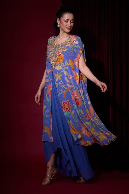 Buy_Aayushi Maniar_Blue Crepe, Georgette Sequins, Rangtara Printed Kaftan And Draped Skirt Set _Online_at_Aza_Fashions
