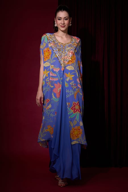 Shop_Aayushi Maniar_Blue Crepe, Georgette Sequins, Rangtara Printed Kaftan And Draped Skirt Set _Online_at_Aza_Fashions