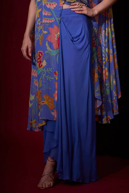 Aayushi Maniar_Blue Crepe, Georgette Sequins, Rangtara Printed Kaftan And Draped Skirt Set _at_Aza_Fashions