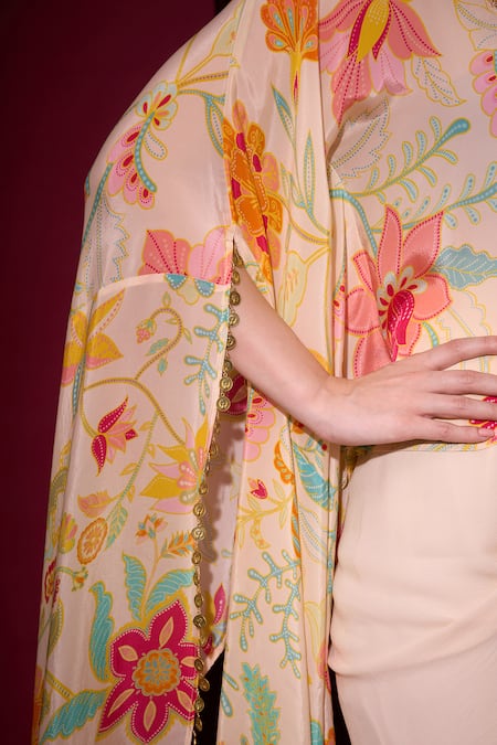 Shop Aayushi Maniar Pink Crepe, Georgette Embroidery, Chandrika Printed Cape And Draped Skirt Set Online at Aza Fashions Shop_Aayushi Maniar_Pink Crepe, Georgette Embroidery, Chandrika Printed Cape And Draped Skirt Set _Online_at_Aza_Fashions