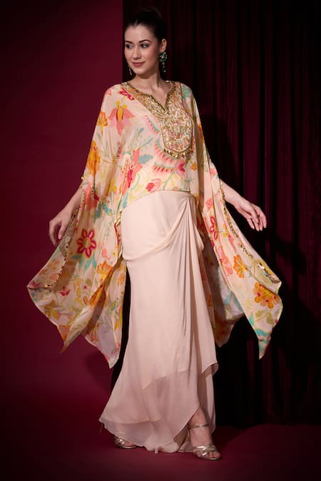 Aayushi Maniar Pink Crepe, Georgette Embroidery, Chandrika Printed Cape And Draped Skirt Set at Aza Fashions Aayushi Maniar_Pink Crepe, Georgette Embroidery, Chandrika Printed Cape And Draped Skirt Set _at_Aza_Fashions