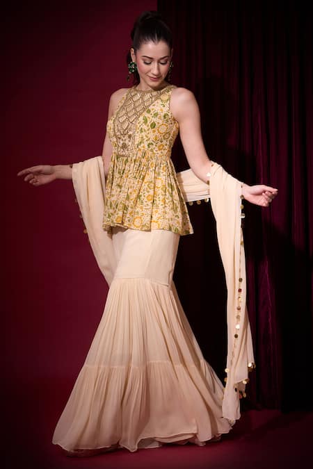 Aayushi Maniar_Yellow Crepe, Georgette Embroidery, Rasika Printed Peplum Tunic Gharara Set _Online_at_Aza_Fashions
