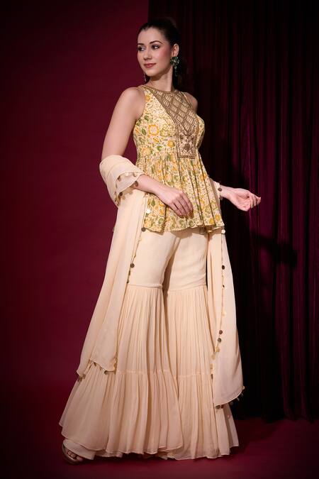 Shop_Aayushi Maniar_Yellow Crepe, Georgette Embroidery, Rasika Printed Peplum Tunic Gharara Set _Online_at_Aza_Fashions