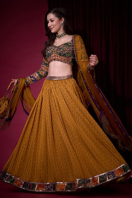 Buy_Aayushi Maniar_Mustard Tissue, Organza Sequins, Stones, Zari, Suryavanshi Printed Lehenga Set _Online_at_Aza_Fashions
