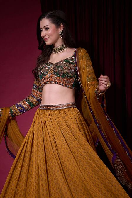 Shop_Aayushi Maniar_Mustard Tissue, Organza Sequins, Stones, Zari, Suryavanshi Printed Lehenga Set _Online_at_Aza_Fashions