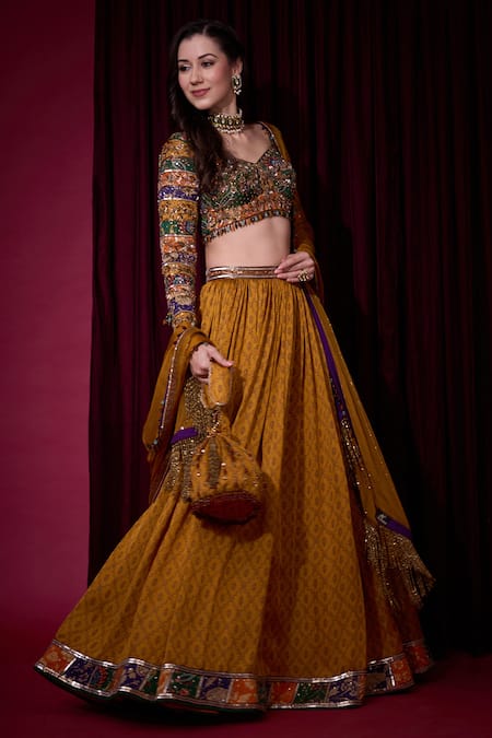 Aayushi Maniar_Mustard Tissue, Organza Sequins, Stones, Zari, Suryavanshi Printed Lehenga Set _at_Aza_Fashions
