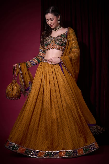 Buy_Aayushi Maniar_Mustard Tissue, Organza Sequins, Stones, Zari, Suryavanshi Printed Lehenga Set 