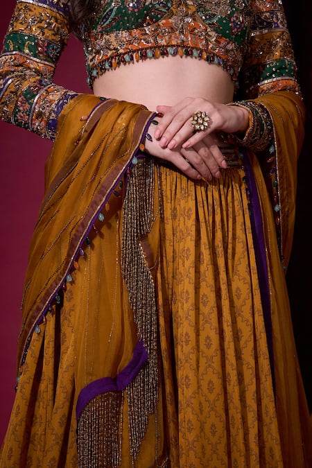 Shop_Aayushi Maniar_Mustard Tissue, Organza Sequins, Stones, Zari, Suryavanshi Printed Lehenga Set 
