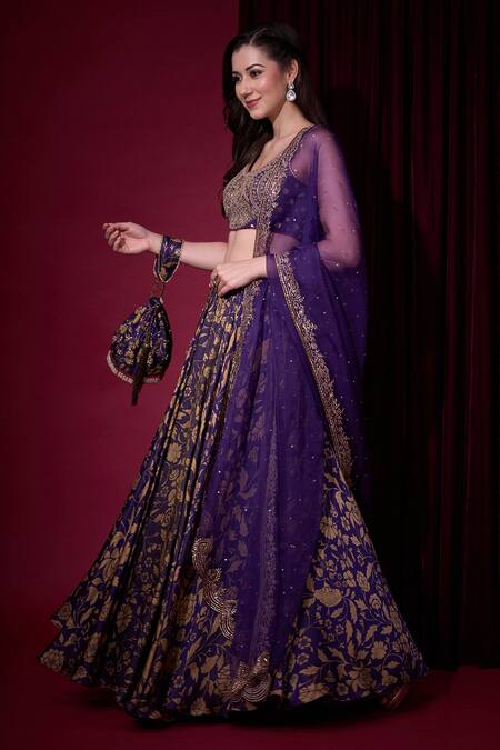 Buy_Aayushi Maniar_Blue Tissue, Crepe, Organza Embroidery, Zari, Indulekha Printed Lehenga Set _Online_at_Aza_Fashions