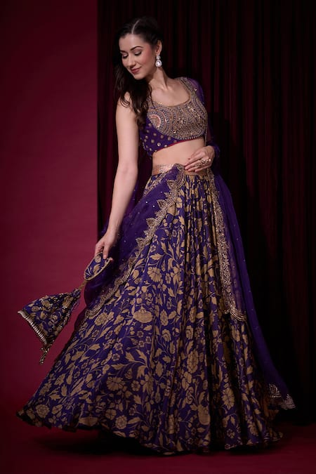 Shop_Aayushi Maniar_Blue Tissue, Crepe, Organza Embroidery, Zari, Indulekha Printed Lehenga Set _Online_at_Aza_Fashions