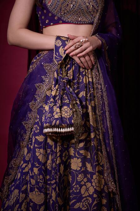 Aayushi Maniar_Blue Tissue, Crepe, Organza Embroidery, Zari, Indulekha Printed Lehenga Set _at_Aza_Fashions