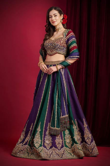 Aayushi Maniar_Green Silk Embroidery, Zari, Sequins, Beads, Mohini Multi Panelled Lehenga Set _Online_at_Aza_Fashions