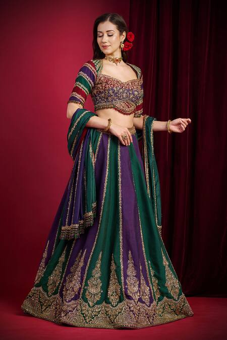 Shop_Aayushi Maniar_Green Silk Embroidery, Zari, Sequins, Beads, Mohini Multi Panelled Lehenga Set _Online_at_Aza_Fashions