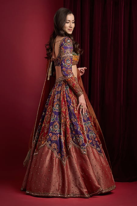 Aayushi Maniar_Red Organza, Tissue Embroidery, Sequins, Rajmala Multi Panelled Lehenga Set _Online_at_Aza_Fashions