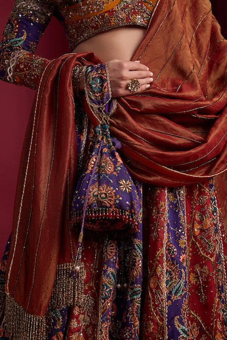 Buy_Aayushi Maniar_Red Organza, Tissue Embroidery, Sequins, Rajmala Multi Panelled Lehenga Set _Online_at_Aza_Fashions