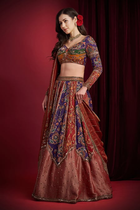 Shop_Aayushi Maniar_Red Organza, Tissue Embroidery, Sequins, Rajmala Multi Panelled Lehenga Set _Online_at_Aza_Fashions