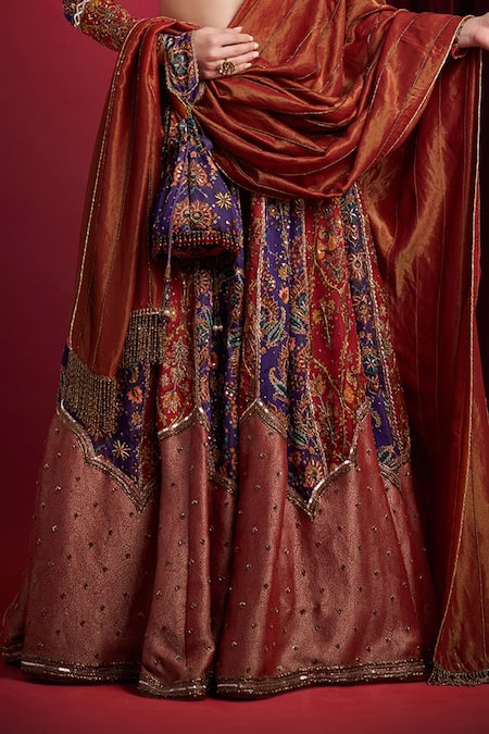 Buy_Aayushi Maniar_Red Organza, Tissue Embroidery, Sequins, Rajmala Multi Panelled Lehenga Set 