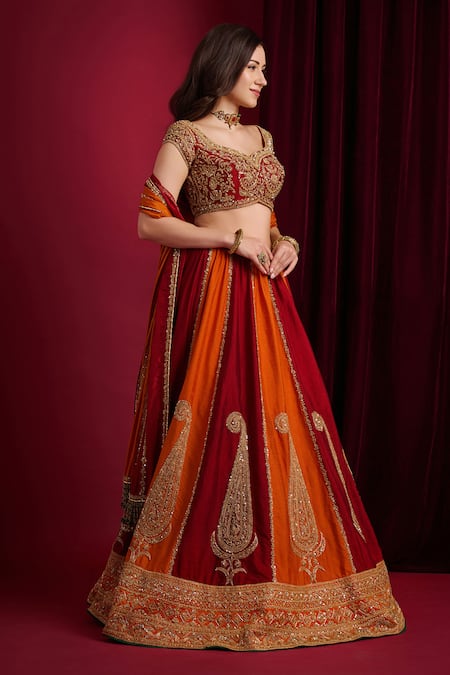 Aayushi Maniar_Maroon Silk Embroidery, Zari, Metallic Sindoori Multi Panelled Lehenga Set _Online_at_Aza_Fashions